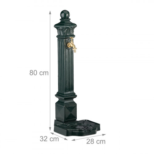 Fuente de jardín de pie con columna, grifo y pila de aluminio fundido, estilo antiguo, verde oscuro y dorado, 80 x 28 x 32 cm, Relaxdays