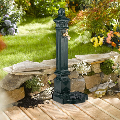 Fuente de jardín de pie con columna, grifo y pila de aluminio fundido, estilo antiguo, verde oscuro y dorado, 80 x 28 x 32 cm, Relaxdays