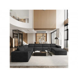 Gran Sofá de Esquina Izquierda Panorámica Modular en Pana, con pouf, 404x303x82cm, Negro