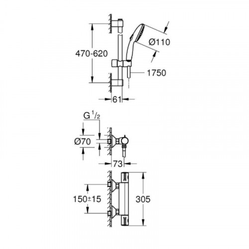 Grohe Grohtherm 800 Set 1/2' Mezclador termostático de ducha + 2 rociadores de ducha + 60cm barra de ducha + Manguera flexible (