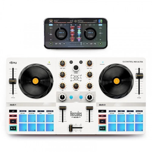 Hercules DJControl Mix Ultra Controlador DJ Portátil e Inalámbrico con Bluetooth Blanco