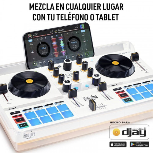 Hercules DJControl Mix Ultra Controlador DJ Portátil e Inalámbrico con Bluetooth Blanco