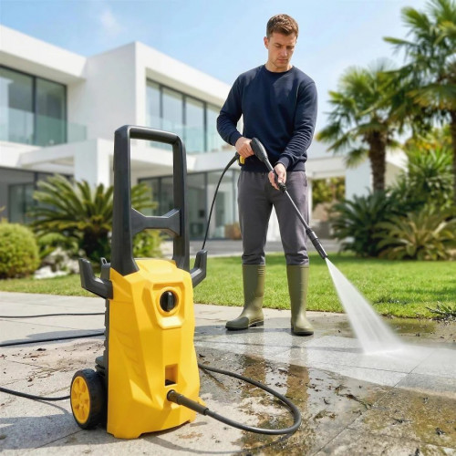 Hidrolimpiadora de alta presión de 1600 w y 120 bares con bomba, boquilla ajustable y apagado automático, 29,5 x 22 x 60 cm, amarilla