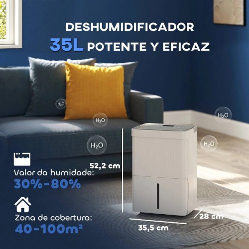 HOMCOM Deshumidificador 35L/día Depósito de Agua 5,5L Pantalla LED Temporizador 24 H Bloqueo Infantil hasta 40-100m2