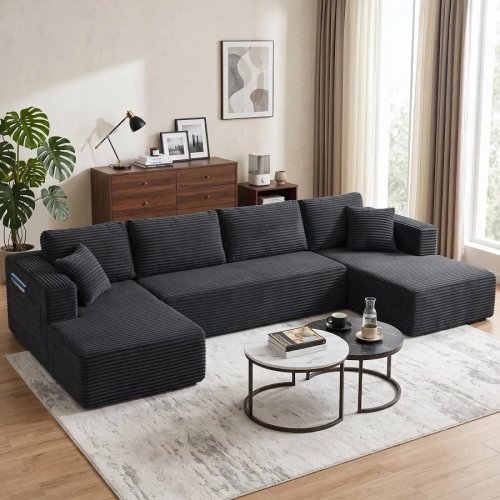 HOMCOM sofá modular en U con 2 chaiselongues sofá cama de pana con espuma de alta densidad y asiento con muelles