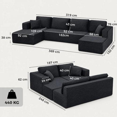 HOMCOM sofá modular en U con 2 chaiselongues sofá cama de pana con espuma de alta densidad y asiento con muelles