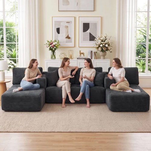 HOMCOM sofá modular en U con 2 chaiselongues sofá cama de pana con espuma de alta densidad y asiento con muelles