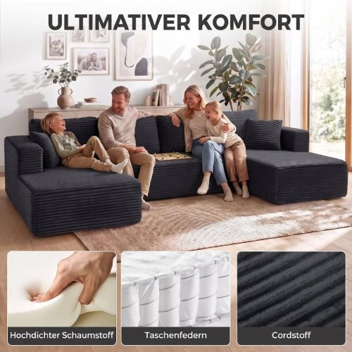 HOMCOM sofá modular en U con 2 chaiselongues sofá cama de pana con espuma de alta densidad y asiento con muelles