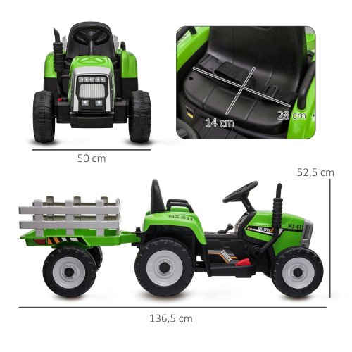 Homcom Tractor Eléctrico Con Remolque Para Niños 3-6 Años 136,5x50x52,5 Cm Verde