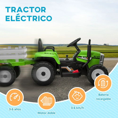 Homcom Tractor Eléctrico Con Remolque Para Niños 3-6 Años 136,5x50x52,5 Cm Verde