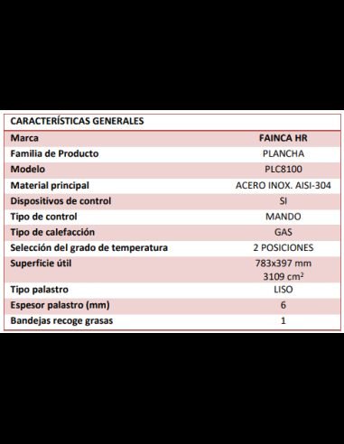 HR FAINCA Plancha a gas PLC8100