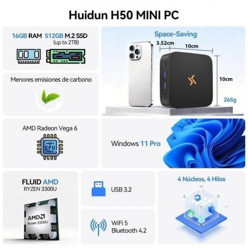 Huidun H50 AMD Ryzen 3 3300U 8GB RAM 256GB ROM Radeon Vega 6 Graphics Mini PC