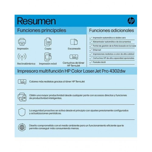 Impresora Multifunción HP color LaserJet Pro 4302dw Wi-Fi Blanco / Azul