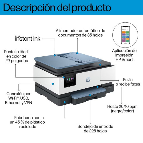 Impresora multifunción HP OfficeJet Pro 8125e, Fax móvil, Wi-Fi, compatible con Instant Ink Blanco / Gris