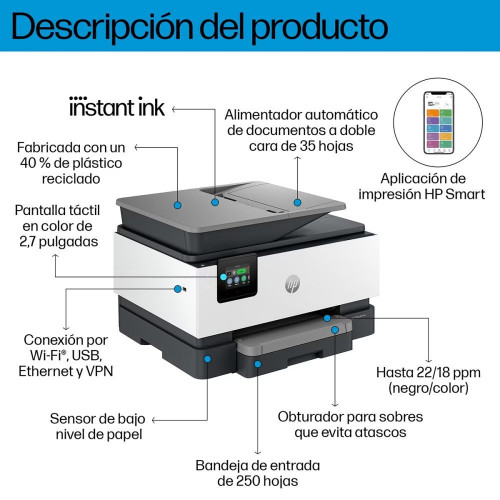 Impresora multifunción HP OfficeJet Pro 9122e, Fax, Wi-Fi, compatible con Instant Ink Blanco