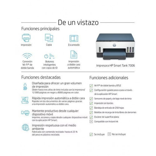 Impresora Multifunción Rellenable Tinta HP Smart Tank 7006 Wi-Fi Blanco / Azul