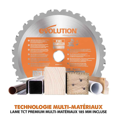 Ingletadora inalámbrica de 185 mm Evolution R185SMS-Li con hoja multi-material TCT sin batería ni cargador