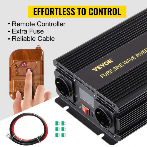 Inversor de onda sinusoidal pura VEVOR de 12 V CC a 230 V CA, 2500 W, con protección de seguridad, control remoto y pantalla LCD