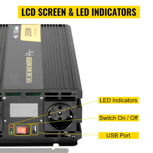 Inversor sinusoidal 2500W DC 12V AC 230V Puerto USB Pantalla LCD Control remoto, Protecciones de seguridad para RV Camiones s Emergencia SucceBuy