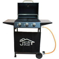 Jardin202 Barbacoa Gas Alaska 3 Quemadores Parrilla Gas con Tapa y Ruedas Termometro Mesas Auxiliares Plegables