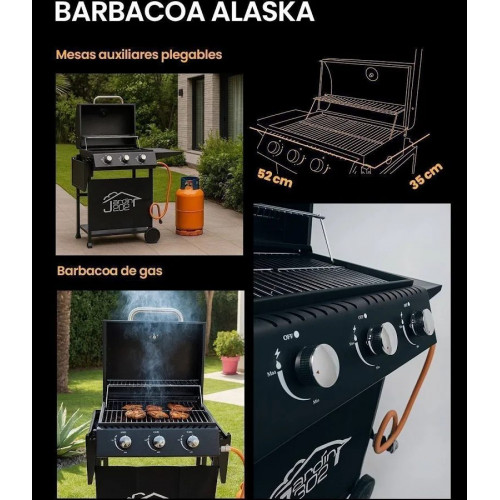 Jardin202 Barbacoa Gas Alaska 3 Quemadores Parrilla Gas con Tapa y Ruedas Termometro Mesas Auxiliares Plegables