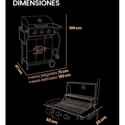 Jardin202 Barbacoa Gas Alaska 3 Quemadores Parrilla Gas con Tapa y Ruedas Termometro Mesas Auxiliares Plegables