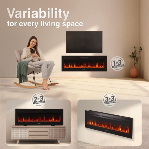 KAMINIO Chimenea eléctrica MARLON - Chimenea eléctrica 3 en 1 con calentador, efecto de llama 3D, 12 colores de llama, control remoto - 50 pulgadas