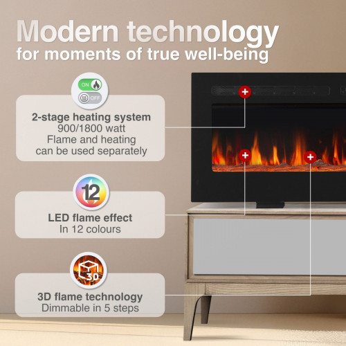 KAMINIO Chimenea eléctrica MARLON - Chimenea eléctrica 3 en 1 con calentador, efecto de llama 3D, 12 colores de llama, control remoto - 50 pulgadas