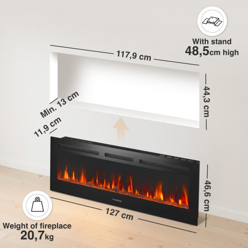 KAMINIO Chimenea eléctrica MARLON - Chimenea eléctrica 3 en 1 con calentador, efecto de llama 3D, 12 colores de llama, control remoto - 50 pulgadas