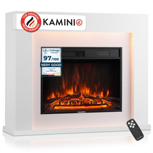 KAMINIO Chimenea eléctrica MATTI - Chimenea eléctrica de pie con calefacción, efecto de llama 3D, luz ambiental, control remoto - 38 pulgadas, Blanco
