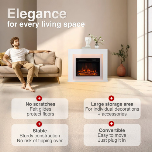 KAMINIO Chimenea eléctrica MATTI - Chimenea eléctrica de pie con calefacción, efecto de llama 3D, luz ambiental, control remoto - 38 pulgadas, Blanco