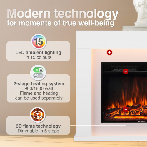 KAMINIO Chimenea eléctrica MATTI - Chimenea eléctrica de pie con calefacción, efecto de llama 3D, luz ambiental, control remoto - 38 pulgadas, Blanco