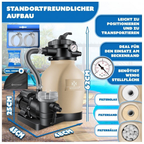 Kesser Filtro de Arena 10m³/h Válvula 7 Vías con Manómetro incl. 800g Bolas Filtrantes