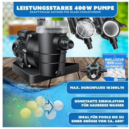 Kesser Filtro de Arena 10m³/h Válvula 7 Vías con Manómetro incl. 800g Bolas Filtrantes