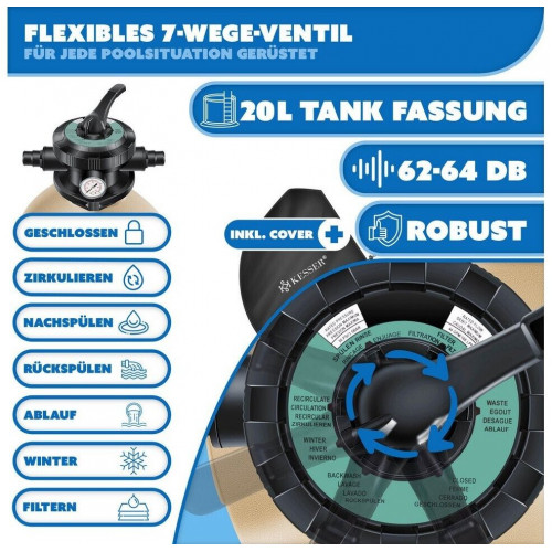 Kesser Filtro de Arena 10m³/h Válvula 7 Vías con Manómetro incl. 800g Bolas Filtrantes