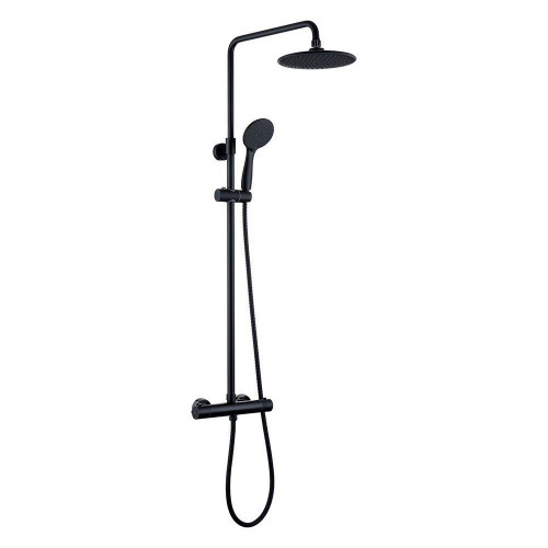 Kibath Columna de Ducha termostático | Altura regulable 83-120 cm |negro mate | Diseño cuadrado con rociador efecto lluvia y alcachofa