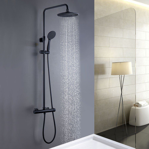 Kibath Columna de Ducha termostático | Altura regulable 83-120 cm |negro mate | Diseño cuadrado con rociador efecto lluvia y alcachofa