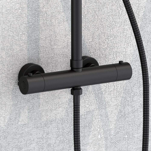 Kibath Columna de Ducha termostático | Altura regulable 83-120 cm |negro mate | Diseño cuadrado con rociador efecto lluvia y alcachofa