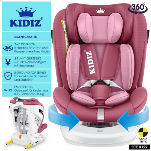 Kidiz Silla de auto Isofix Top Tether 360° giratoria i-Size grupo 0/1/2/3 rosa (ECE R129)