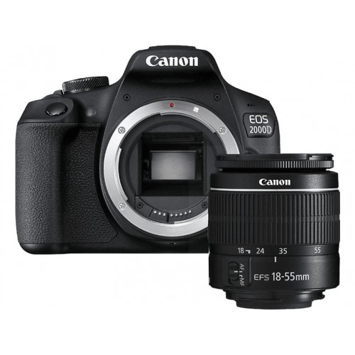 Kit cámara réflex - Canon EOS 2000D, 24.1 MP CMOS APS-C, Vídeo Full HD, Negro + Objetivo Canon EF-S 18-55 mm f/3.5-5.6 DC III
