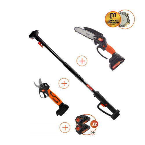 Kit de minimotosierra, tijeras, pértiga extensible y 2 baterías