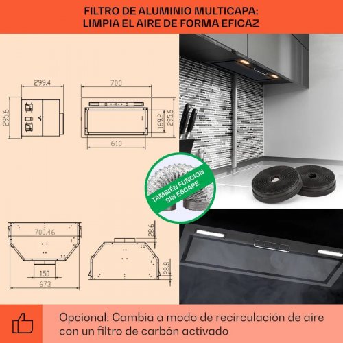 Klarstein Campana extractora Camila empotrada 70 cm 380 m³/h LED Touch acero inoxidable