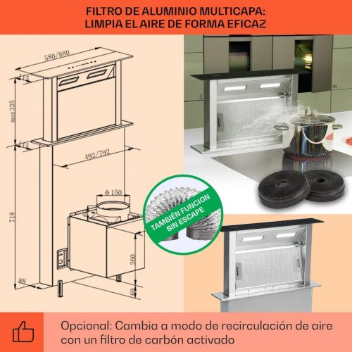 Klarstein Royal Flush Downdraft Campana Extractora Cocina Sin Humos 430 m³/h 60 cm