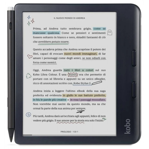 Kobo Libra Colour with Kobo Stylus 2 eReader Anti-Glare Colour Display and Ink Kaleido 3 7 Dark Mode Audio Books Waterproof Black