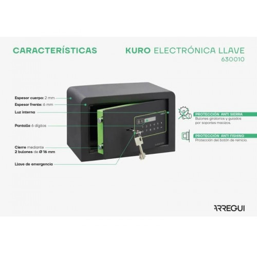 Kuro Electrónica + llave Caja fuerte de sobreponer con apertura de doble seguridad con teclado electrónico más llave