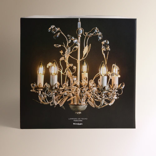 Lámpara chandelier de metal y cristal 5 luces Toscana EuroVolter Crema