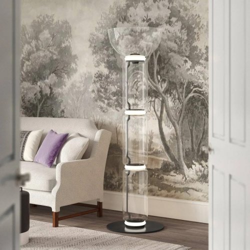 Lámpara de Pie de Vidrio y Bambú – ∅ 15.7′′ x H 21.7′′ / Dia 40cm x H 55cm / Clear+Black & Warm Light / EU Plug