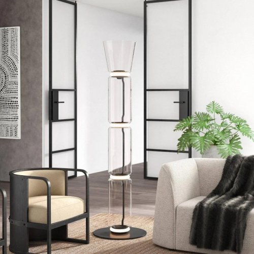 Lámpara de Pie de Vidrio y Bambú – ∅ 15.7′′ x H 21.7′′ / Dia 40cm x H 55cm / Clear+Black & Warm Light / EU Plug