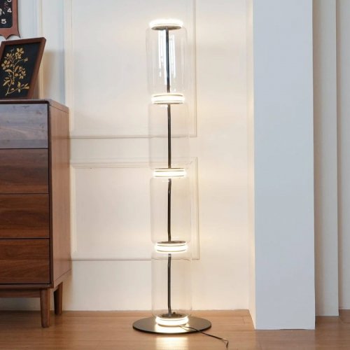 Lámpara de Pie de Vidrio y Bambú – ∅ 15.7′′ x H 21.7′′ / Dia 40cm x H 55cm / Clear+Black & Warm Light / EU Plug
