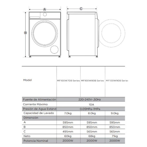 Lavadora Midea 8 kg/ 1.200 rpm- MF100W80B/1/W-ES Blanco